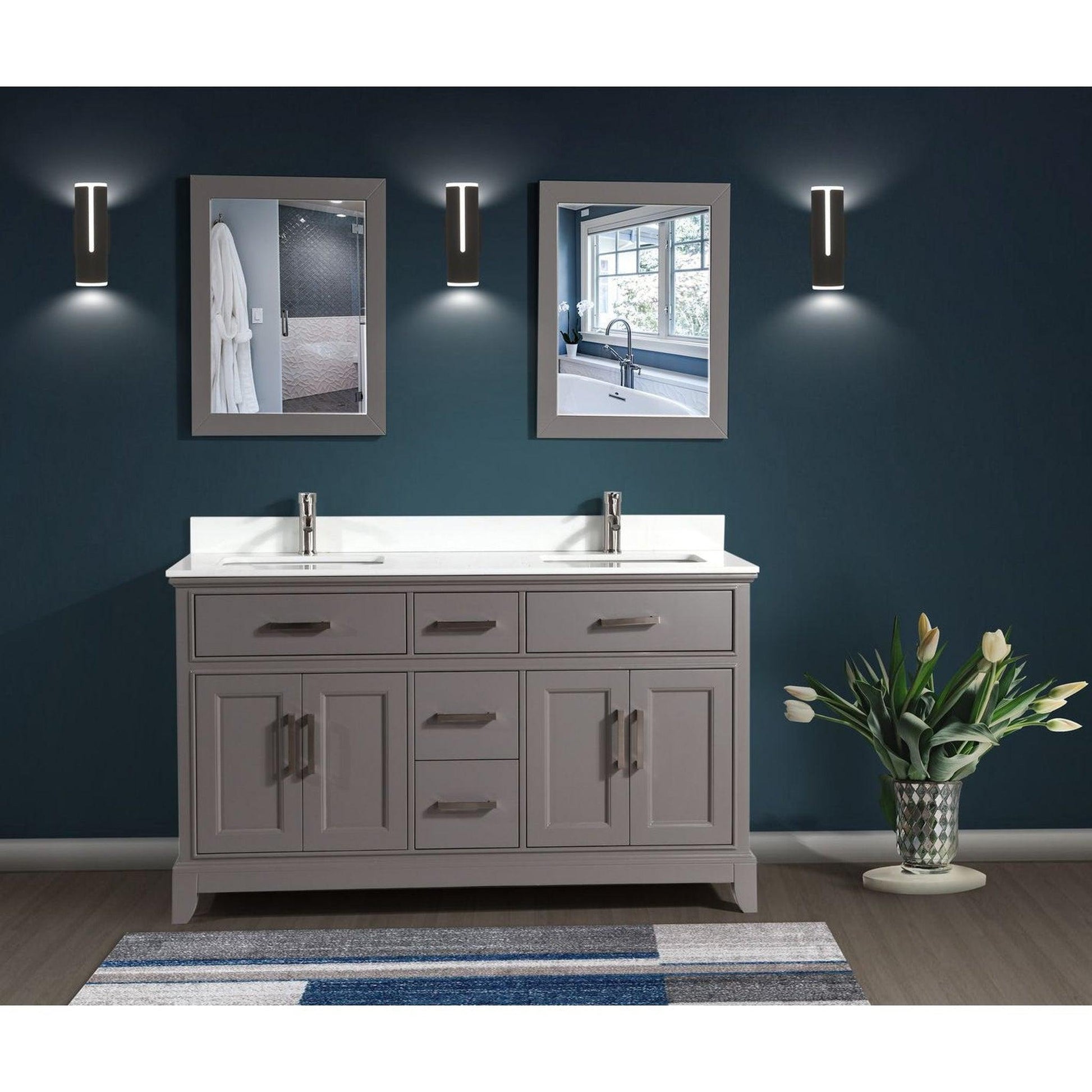 Vanity Art Genoa 72" Double Gray Freestanding Modern Bathroom Vanity Set With Super White Engineered Marble Top, White Ceramic Sink, Backsplash and 2 Mirrors