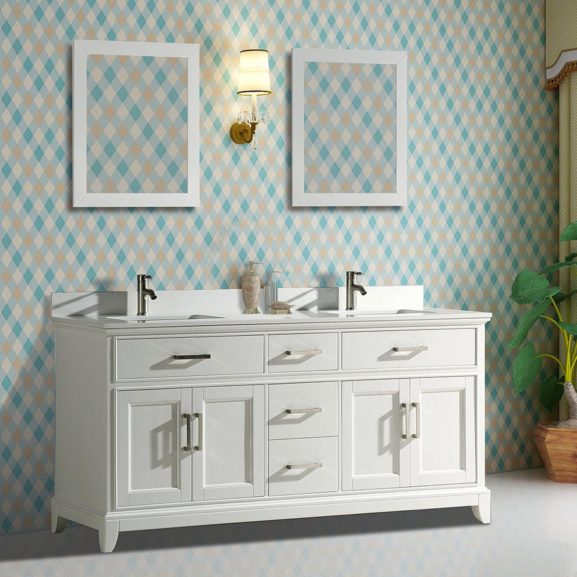 Vanity Art Genoa 72" Double White Freestanding Modern Bathroom Vanity Set With Super White Engineered Marble Top, White Ceramic Sink, Backsplash and 2 Mirrors