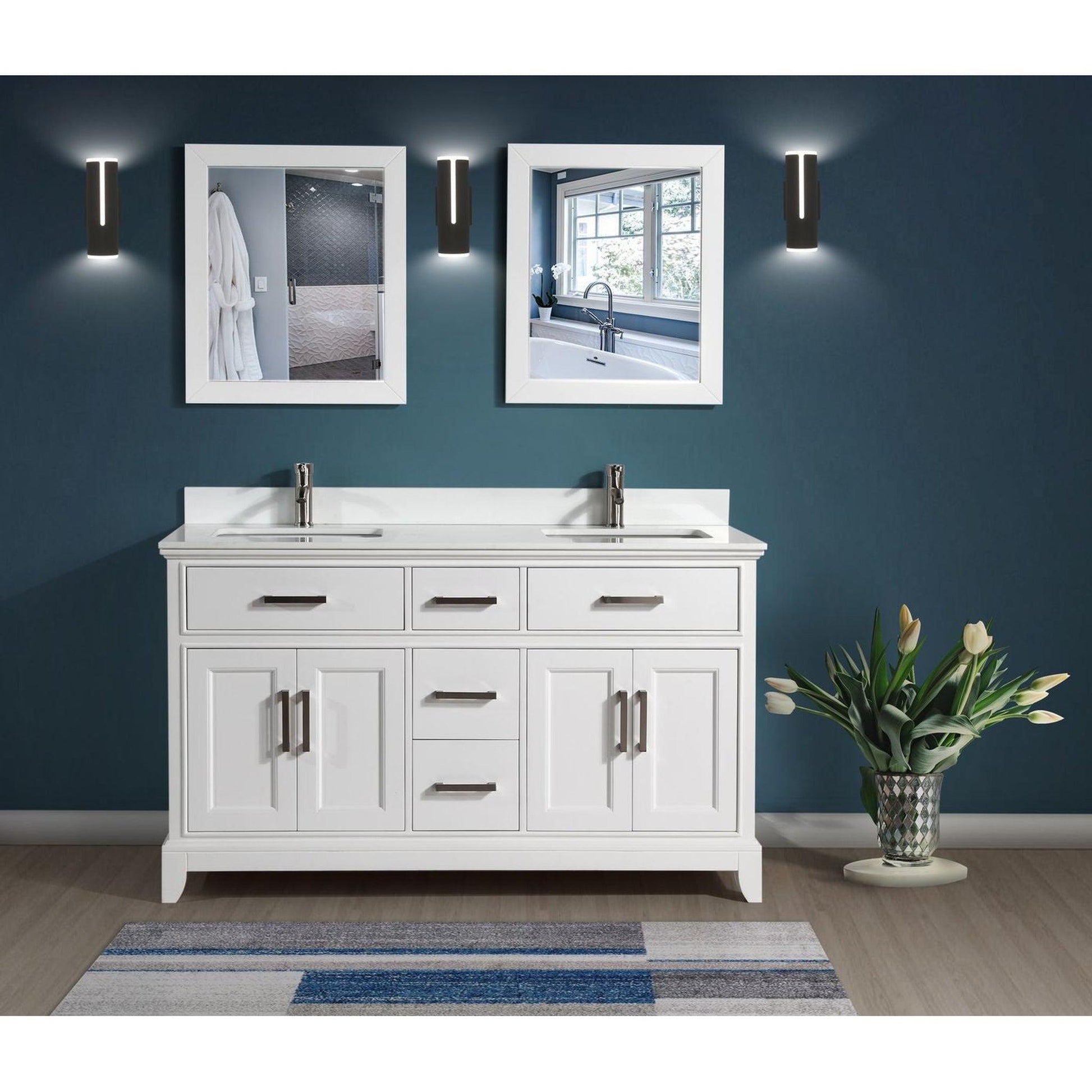 Vanity Art Genoa 72" Double White Freestanding Modern Bathroom Vanity Set With Super White Engineered Marble Top, White Ceramic Sink, Backsplash and 2 Mirrors