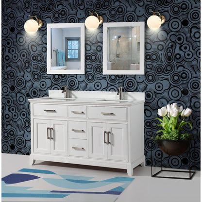 Vanity Art Genoa 72" Double White Freestanding Modern Bathroom Vanity Set With Super White Engineered Marble Top, White Ceramic Sink, Backsplash and 2 Mirrors