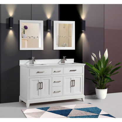 Vanity Art Genoa 72" Double White Freestanding Modern Bathroom Vanity Set With Super White Engineered Marble Top, White Ceramic Sink, Backsplash and 2 Mirrors