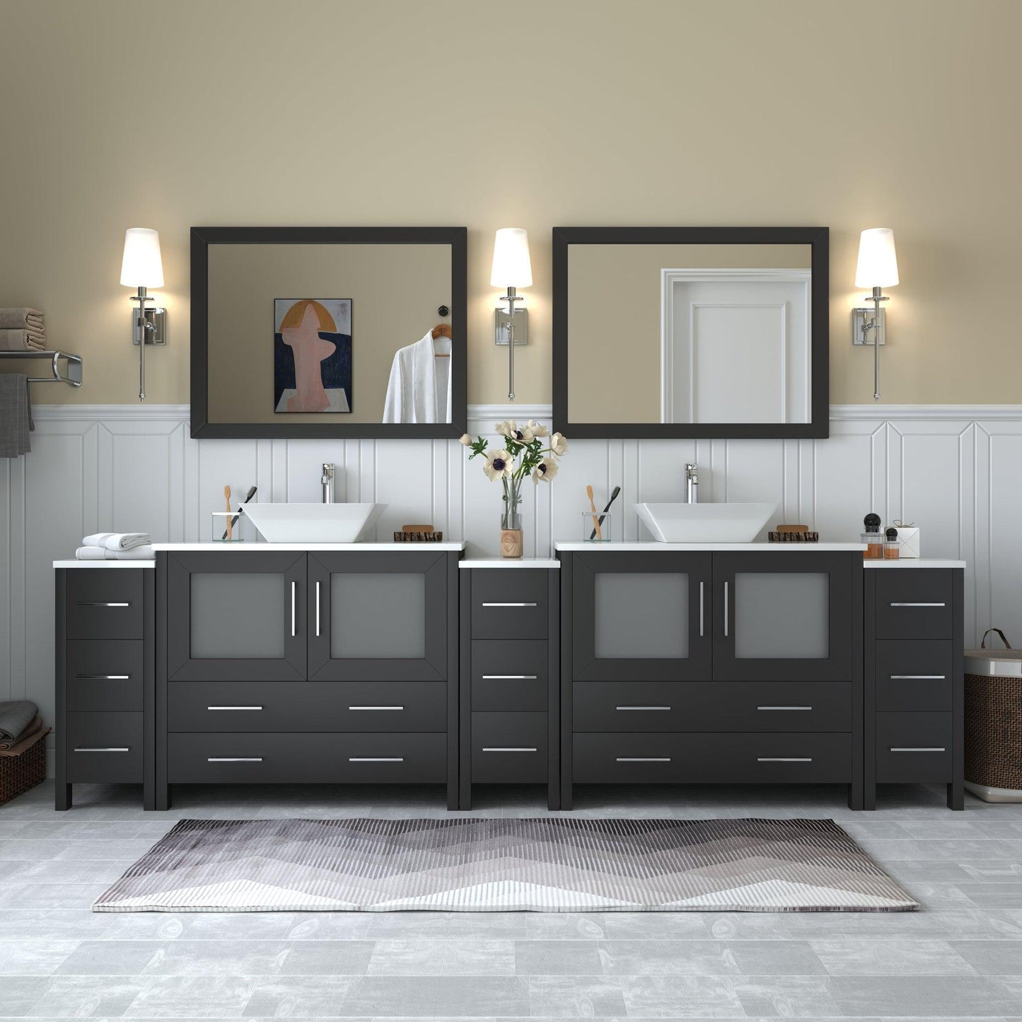 Vanity Art Ravenna 108" Double Espresso Freestanding Vanity Set With White Engineered Marble Top, 2 Ceramic Vessel Sinks, 3 Side Cabinets and 2 Mirrors