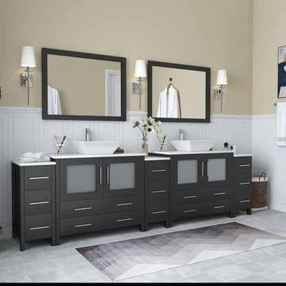 Vanity Art Ravenna 108" Double Espresso Freestanding Vanity Set With White Engineered Marble Top, 2 Ceramic Vessel Sinks, 3 Side Cabinets and 2 Mirrors