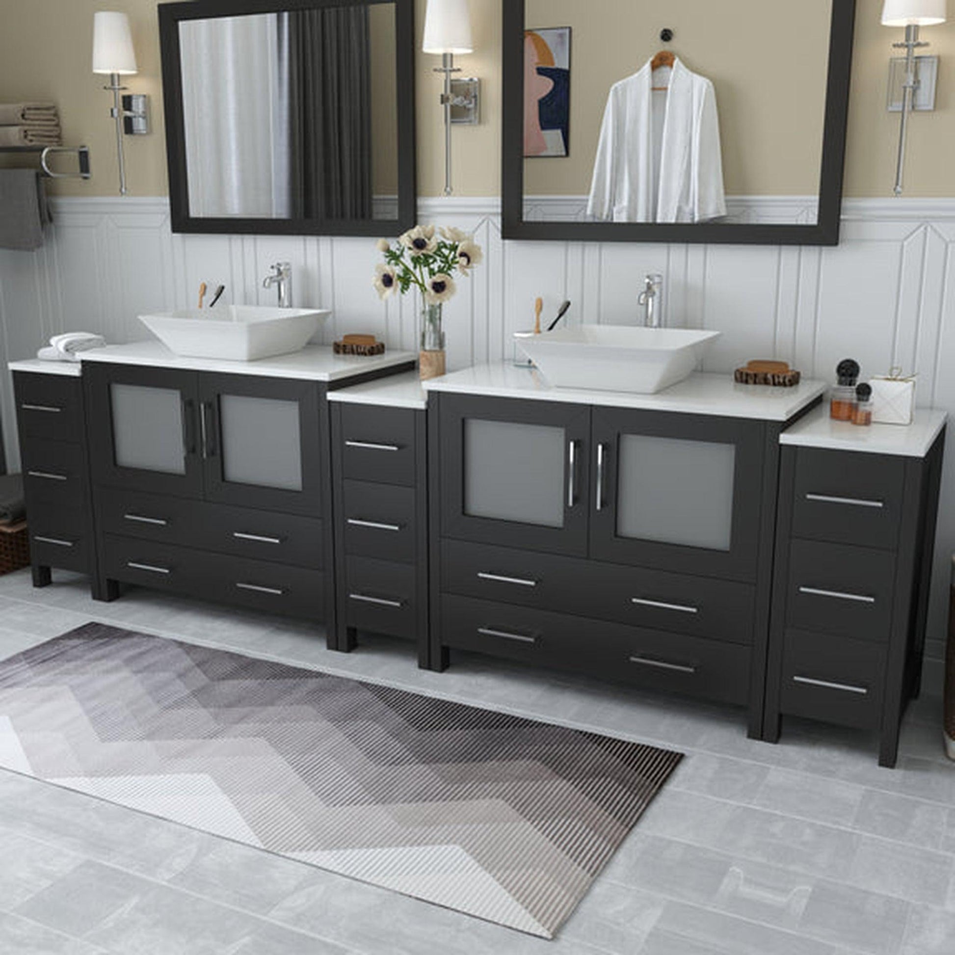 Vanity Art Ravenna 108" Double Espresso Freestanding Vanity Set With White Engineered Marble Top, 2 Ceramic Vessel Sinks, 3 Side Cabinets and 2 Mirrors