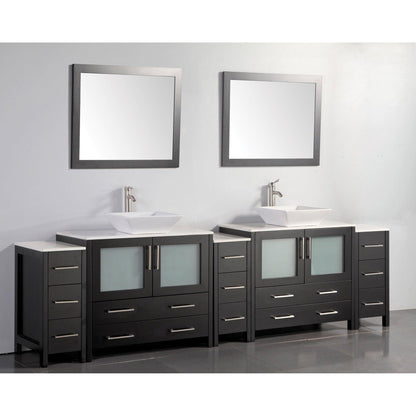 Vanity Art Ravenna 108" Double Espresso Freestanding Vanity Set With White Engineered Marble Top, 2 Ceramic Vessel Sinks, 3 Side Cabinets and 2 Mirrors