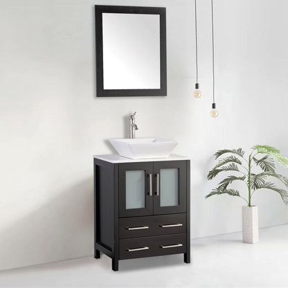 Vanity Art Ravenna 24" Single Espresso Freestanding Vanity Set With White Engineered Marble Top, Ceramic Vessel Sink and Mirror