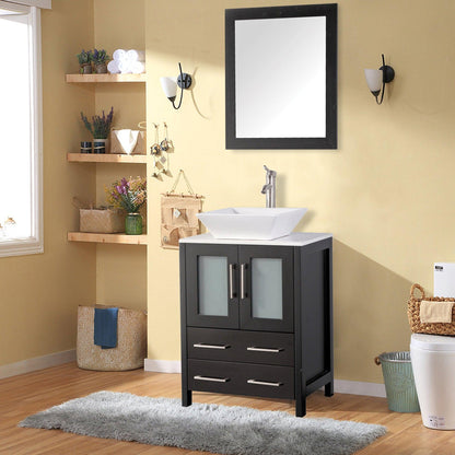 Vanity Art Ravenna 24" Single Espresso Freestanding Vanity Set With White Engineered Marble Top, Ceramic Vessel Sink and Mirror