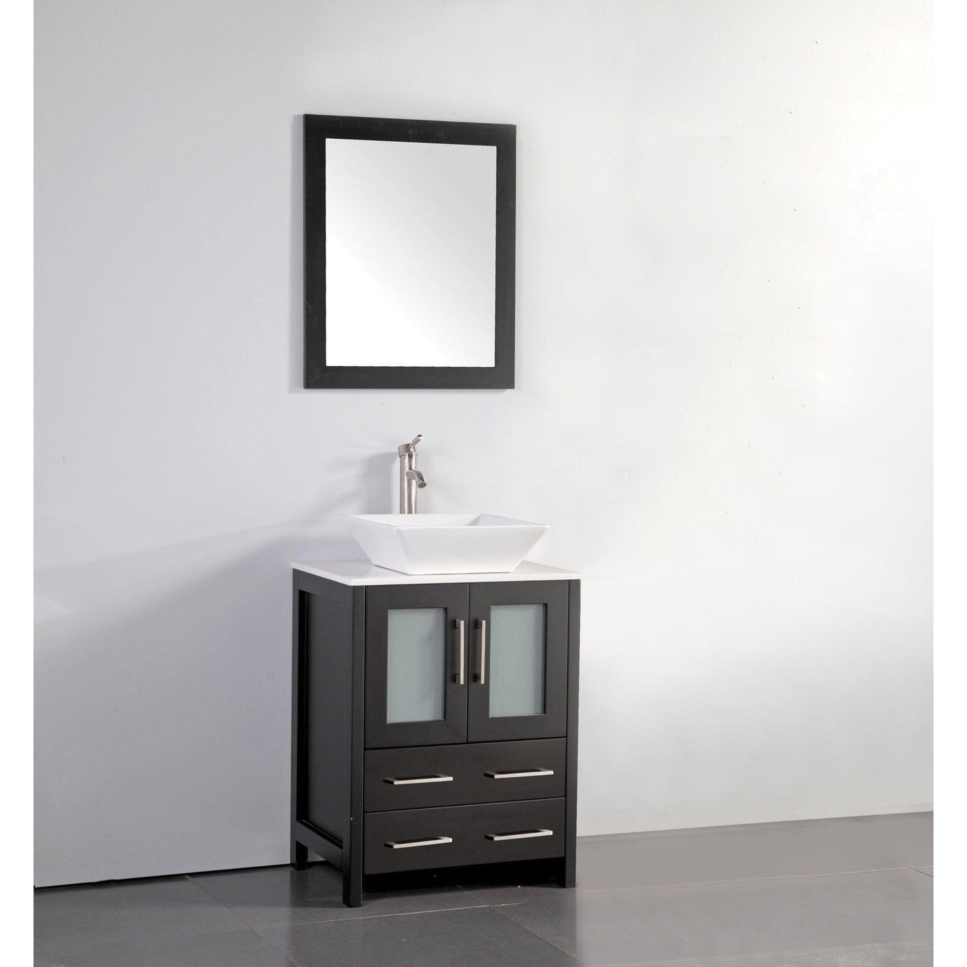 Vanity Art Ravenna 24" Single Espresso Freestanding Vanity Set With White Engineered Marble Top, Ceramic Vessel Sink and Mirror