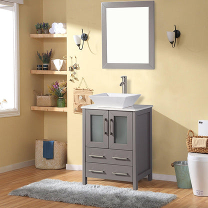 Vanity Art Ravenna 24" Single Gray Freestanding Vanity Set With White Engineered Marble Top, Ceramic Vessel Sink and Mirror