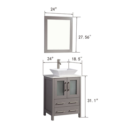 Vanity Art Ravenna 24" Single Gray Freestanding Vanity Set With White Engineered Marble Top, Ceramic Vessel Sink and Mirror