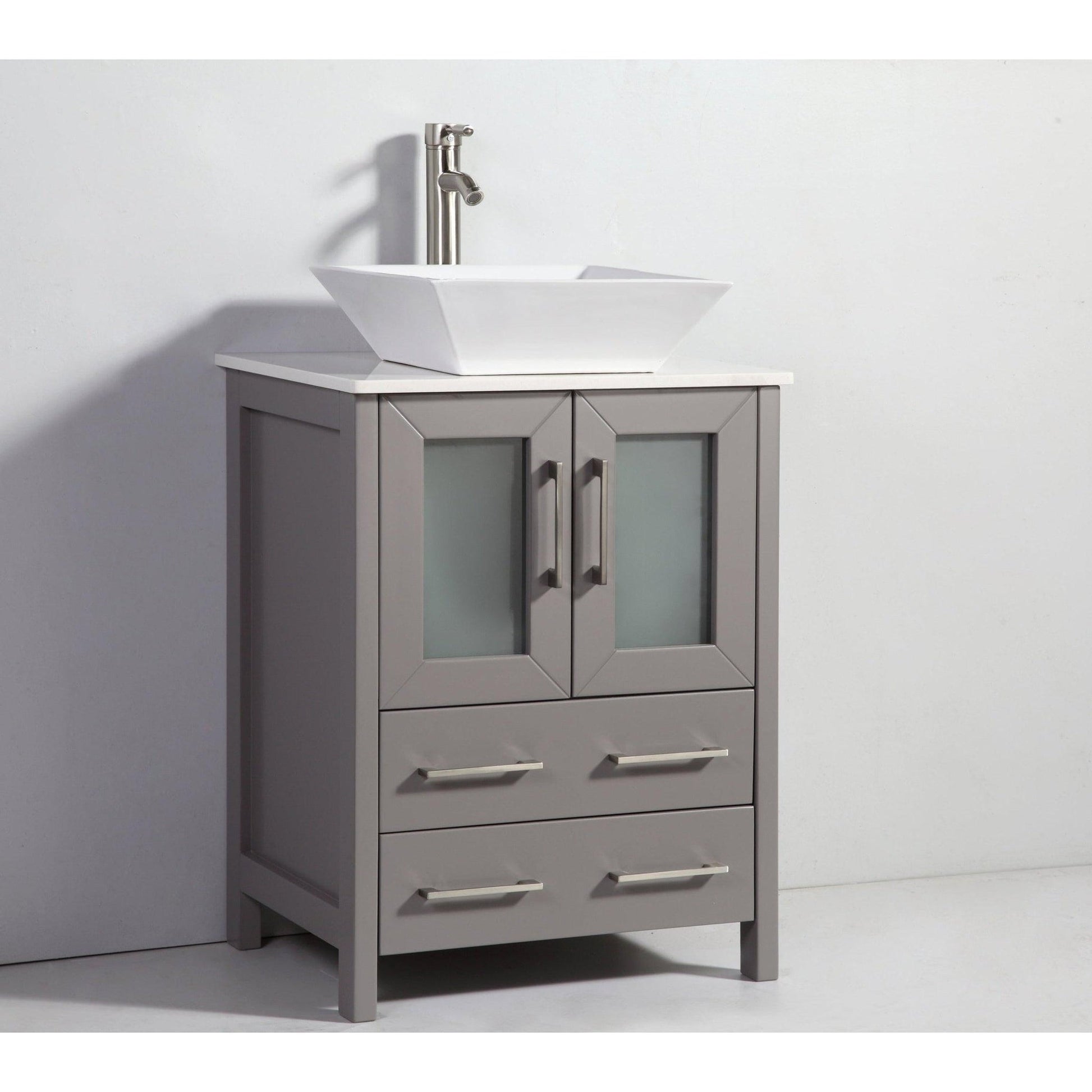 Vanity Art Ravenna 24" Single Gray Freestanding Vanity Set With White Engineered Marble Top, Ceramic Vessel Sink and Mirror