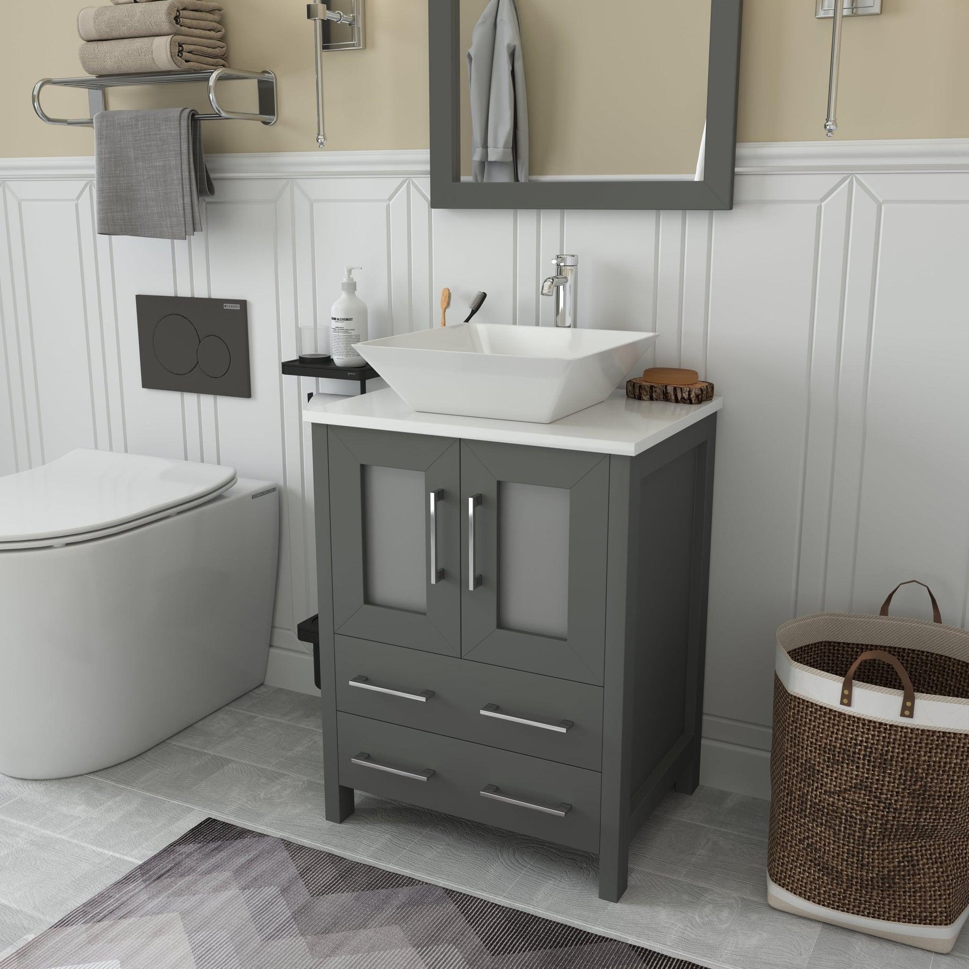 Vanity Art Ravenna 24" Single Gray Freestanding Vanity Set With White Engineered Marble Top, Ceramic Vessel Sink and Mirror