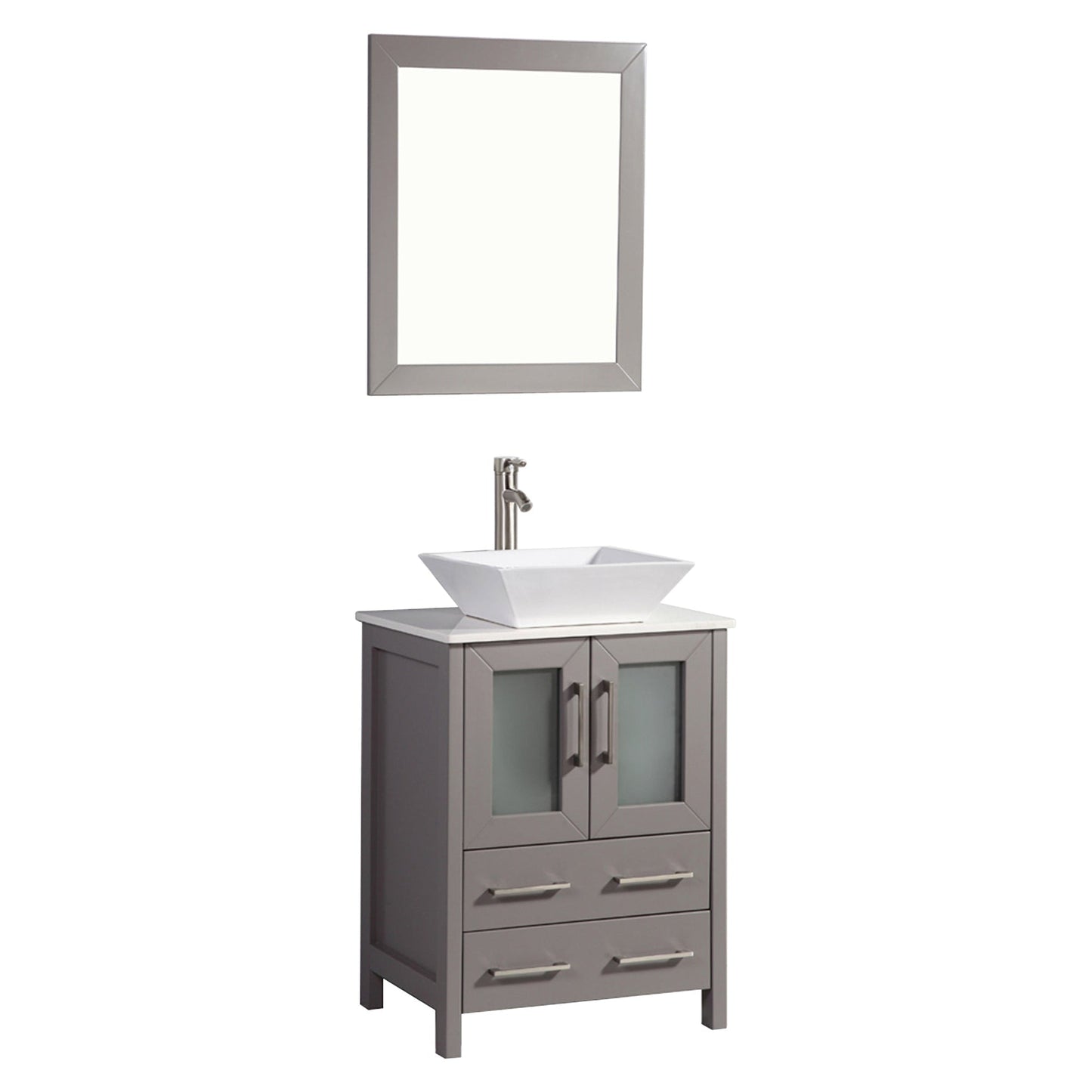 Vanity Art Ravenna 24" Single Gray Freestanding Vanity Set With White Engineered Marble Top, Ceramic Vessel Sink and Mirror