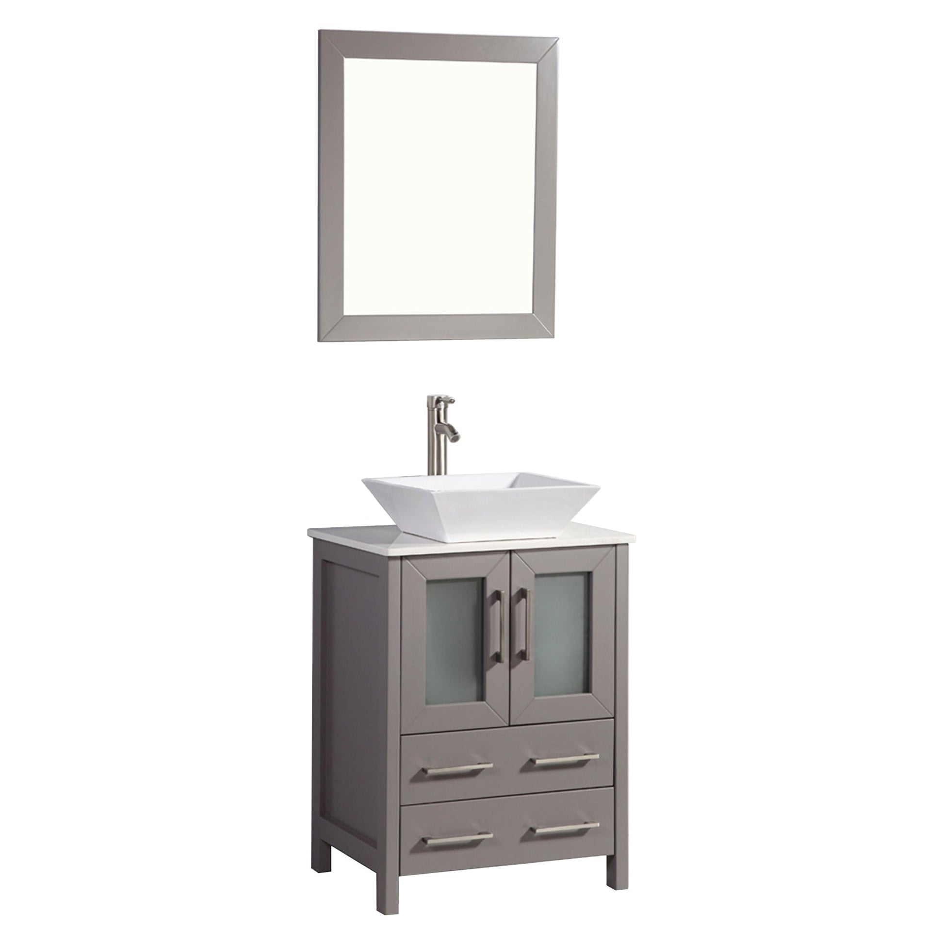 Vanity Art Ravenna 24" Single Gray Freestanding Vanity Set With White Engineered Marble Top, Ceramic Vessel Sink and Mirror