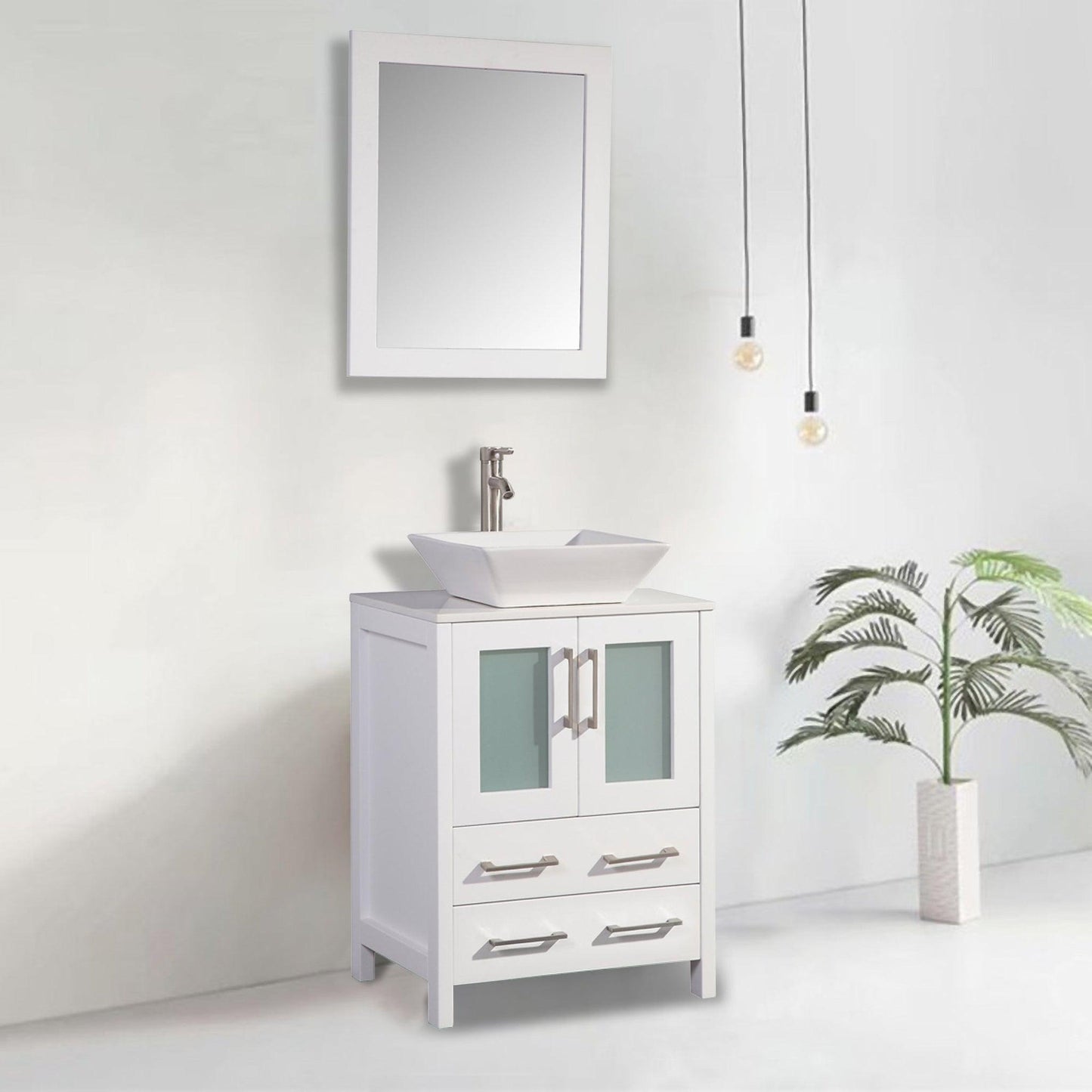 Vanity Art Ravenna 24" Single White Freestanding Vanity Set With White Engineered Marble Top, Ceramic Vessel Sink and Mirror