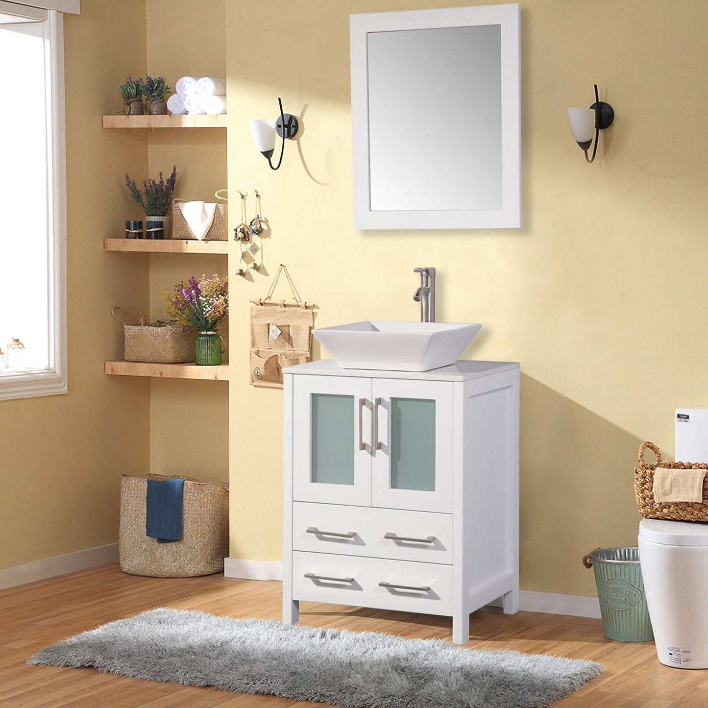 Vanity Art Ravenna 24" Single White Freestanding Vanity Set With White Engineered Marble Top, Ceramic Vessel Sink and Mirror