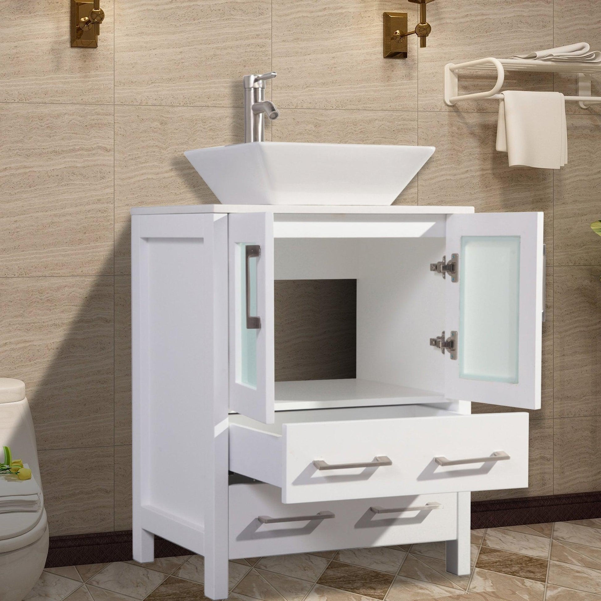 Vanity Art Ravenna 24" Single White Freestanding Vanity Set With White Engineered Marble Top, Ceramic Vessel Sink and Mirror