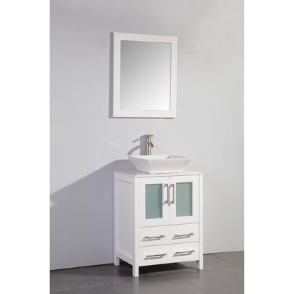 Vanity Art Ravenna 24" Single White Freestanding Vanity Set With White Engineered Marble Top, Ceramic Vessel Sink and Mirror