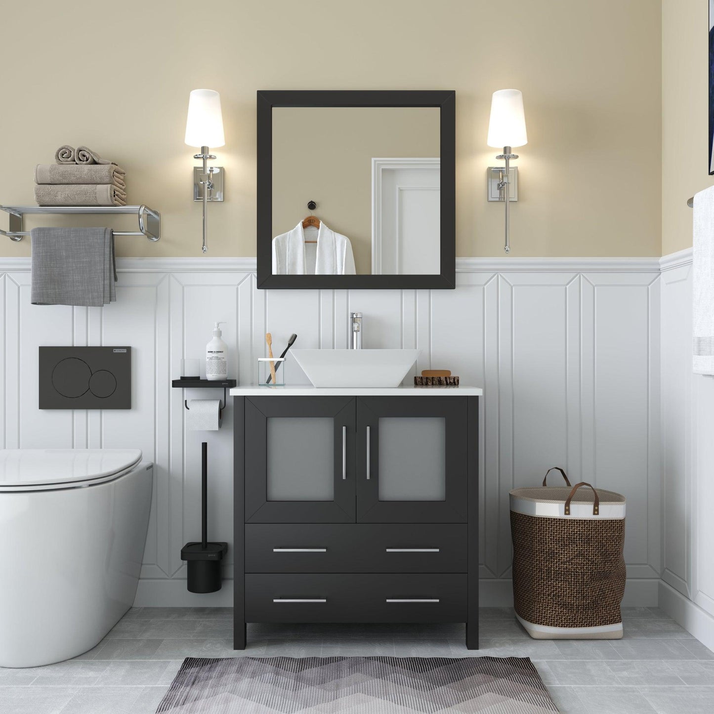 Vanity Art Ravenna 30" Single Espresso Freestanding Vanity Set With White Engineered Marble Top, Ceramic Vessel Sink, and Mirror