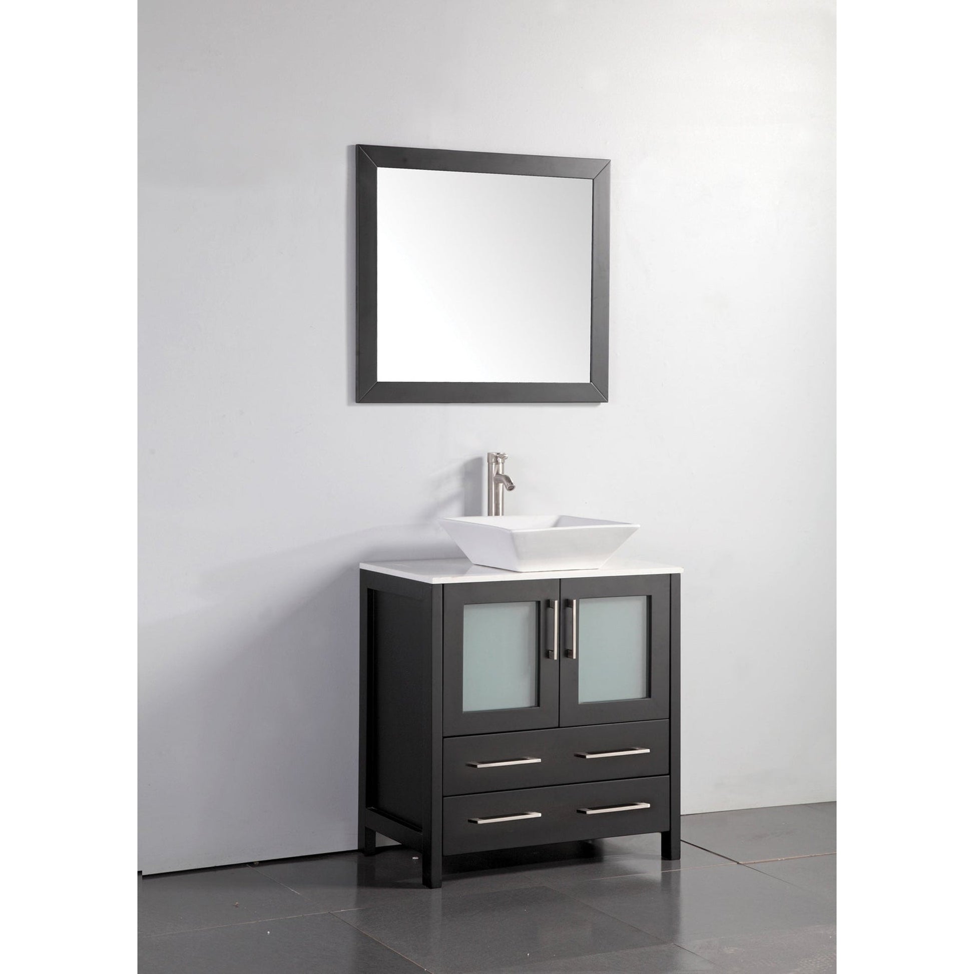 Vanity Art Ravenna 30" Single Espresso Freestanding Vanity Set With White Engineered Marble Top, Ceramic Vessel Sink, and Mirror