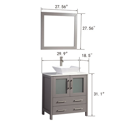 Vanity Art Ravenna 30" Single Gray Freestanding Vanity Set With White Engineered Marble Top, Ceramic Vessel Sink, and Mirror