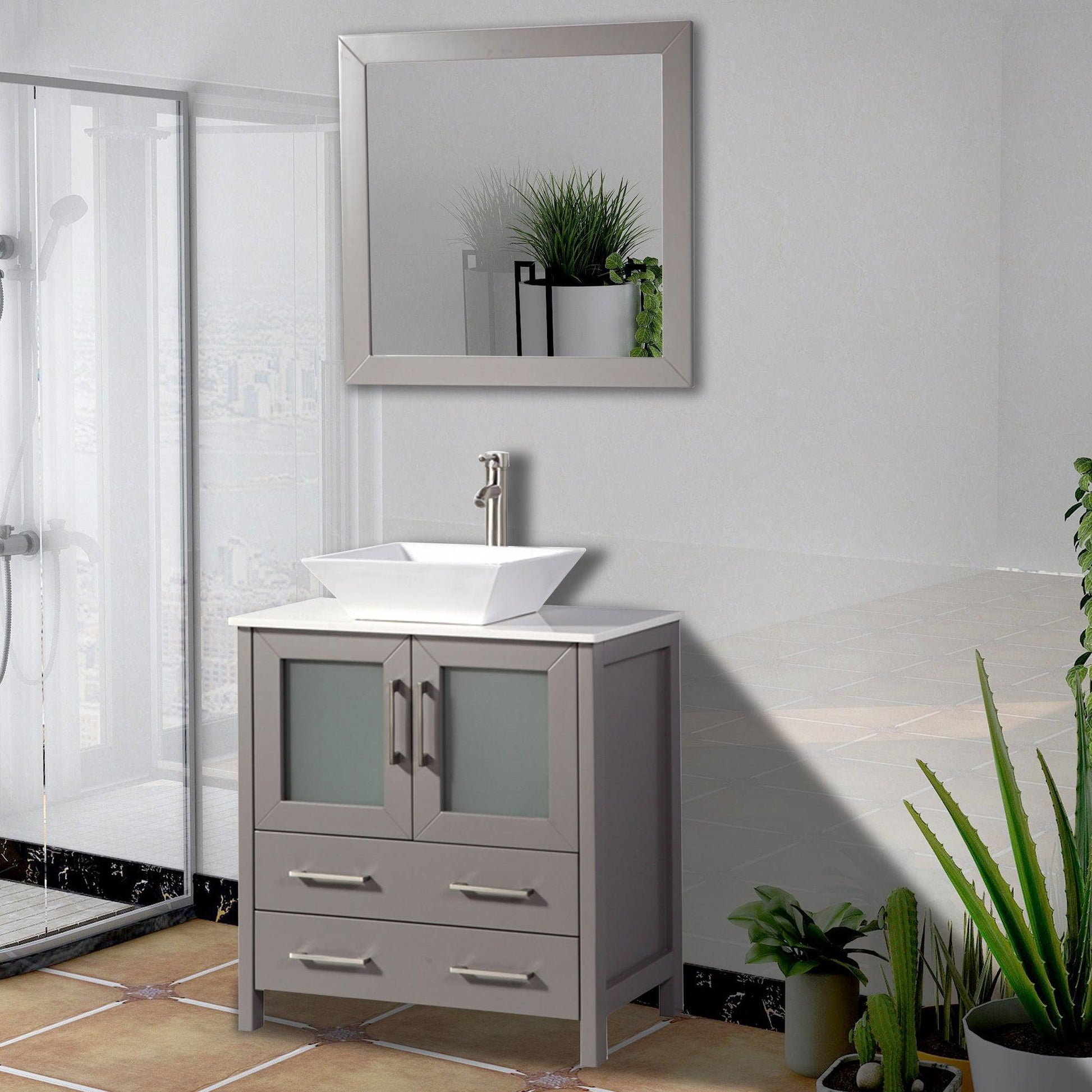 Vanity Art Ravenna 96 Double Gray Freestanding Vanity Set With White  Engineered Marble Top, 2 Ceramic Vessel Sinks, 2 Side Cabinets and 2 Mirrors