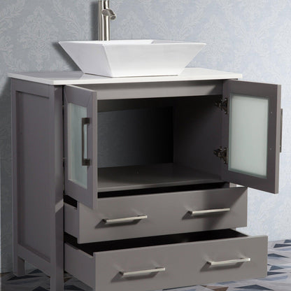 Vanity Art Ravenna 30" Single Gray Freestanding Vanity Set With White Engineered Marble Top, Ceramic Vessel Sink, and Mirror