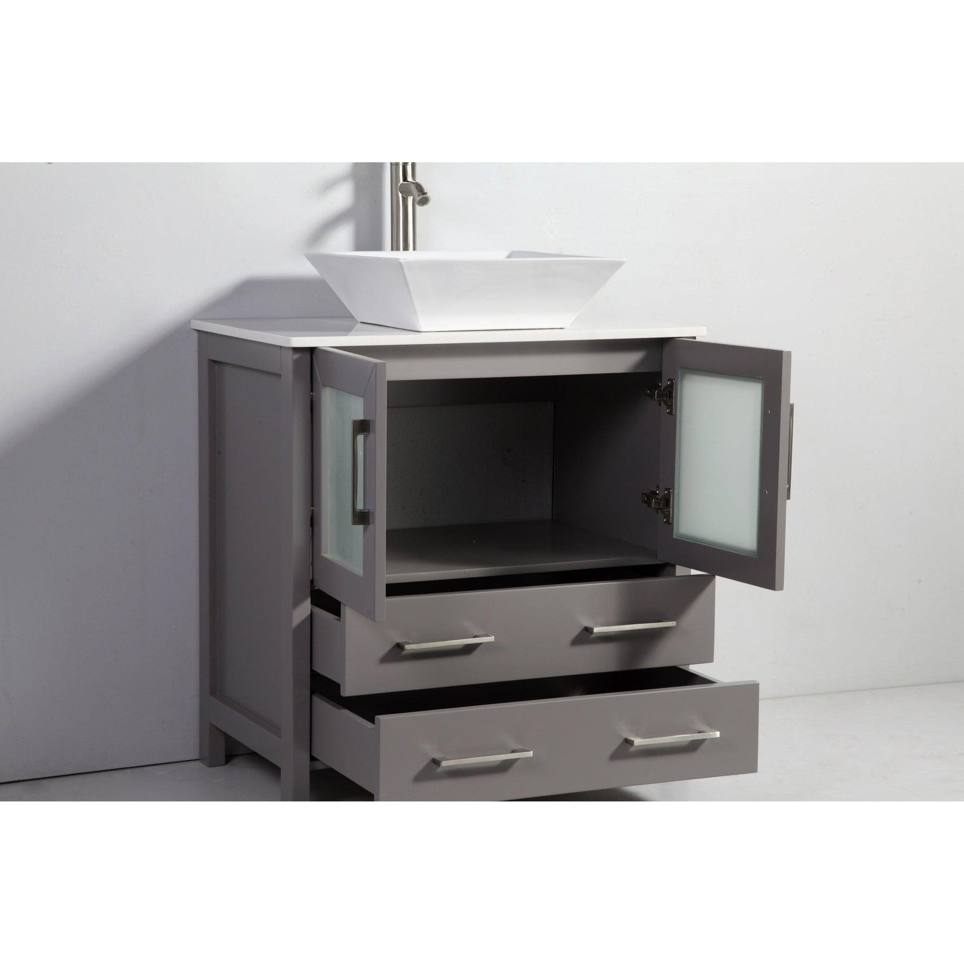Vanity Art Ravenna 30" Single Gray Freestanding Vanity Set With White Engineered Marble Top, Ceramic Vessel Sink, and Mirror