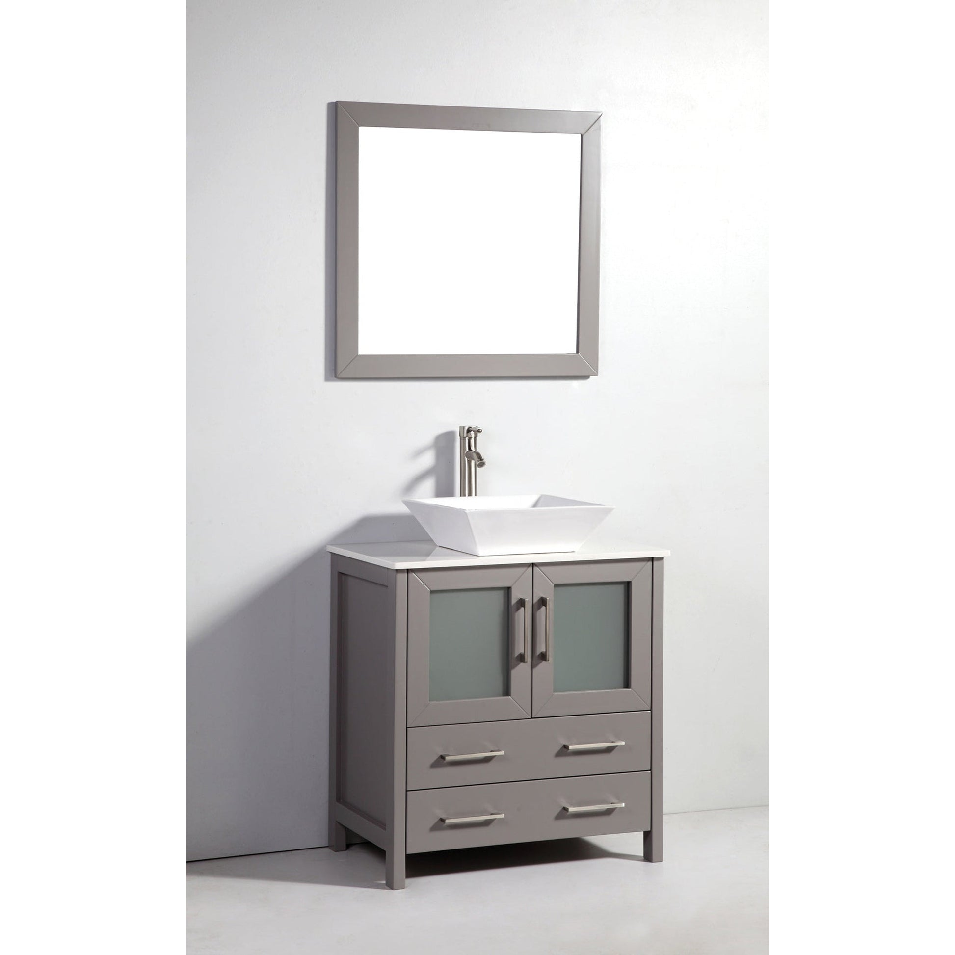 Vanity Art Ravenna 30" Single Gray Freestanding Vanity Set With White Engineered Marble Top, Ceramic Vessel Sink, and Mirror