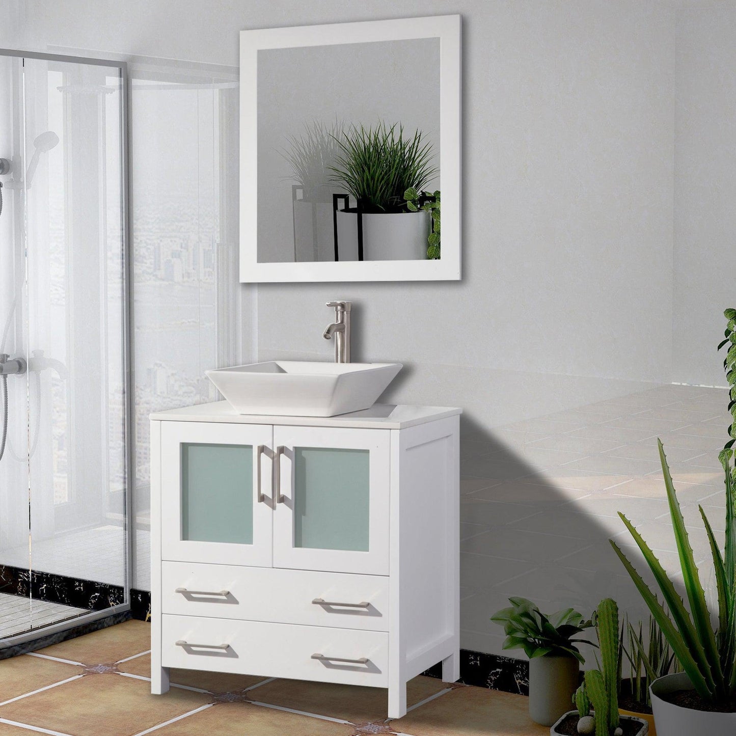 Vanity Art Ravenna 30" Single White Freestanding Vanity Set With White Engineered Marble Top, Ceramic Vessel Sink, and Mirror