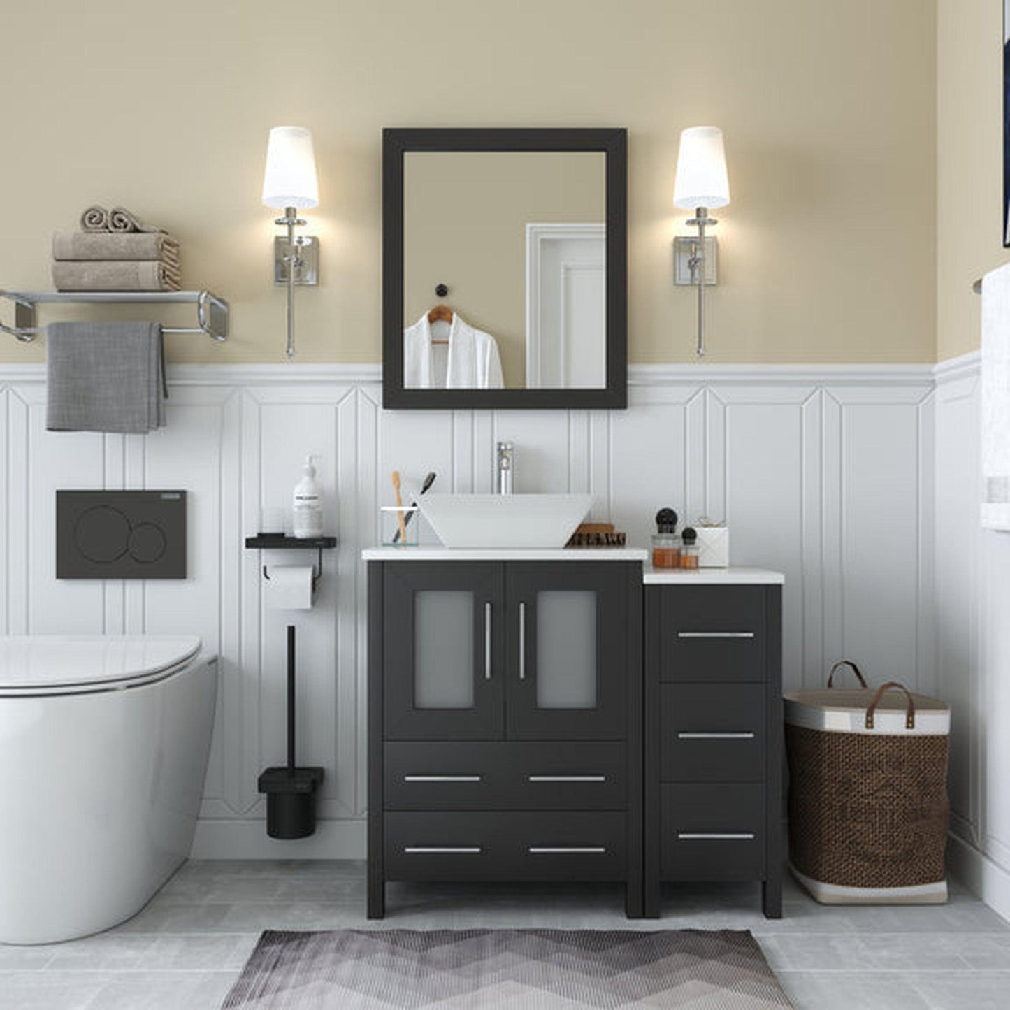 Vanity Art Ravenna 36" Single Espresso Freestanding Vanity Set With White Engineered Marble Top, Ceramic Vessel Sink, 1 Side Cabinet and Mirror