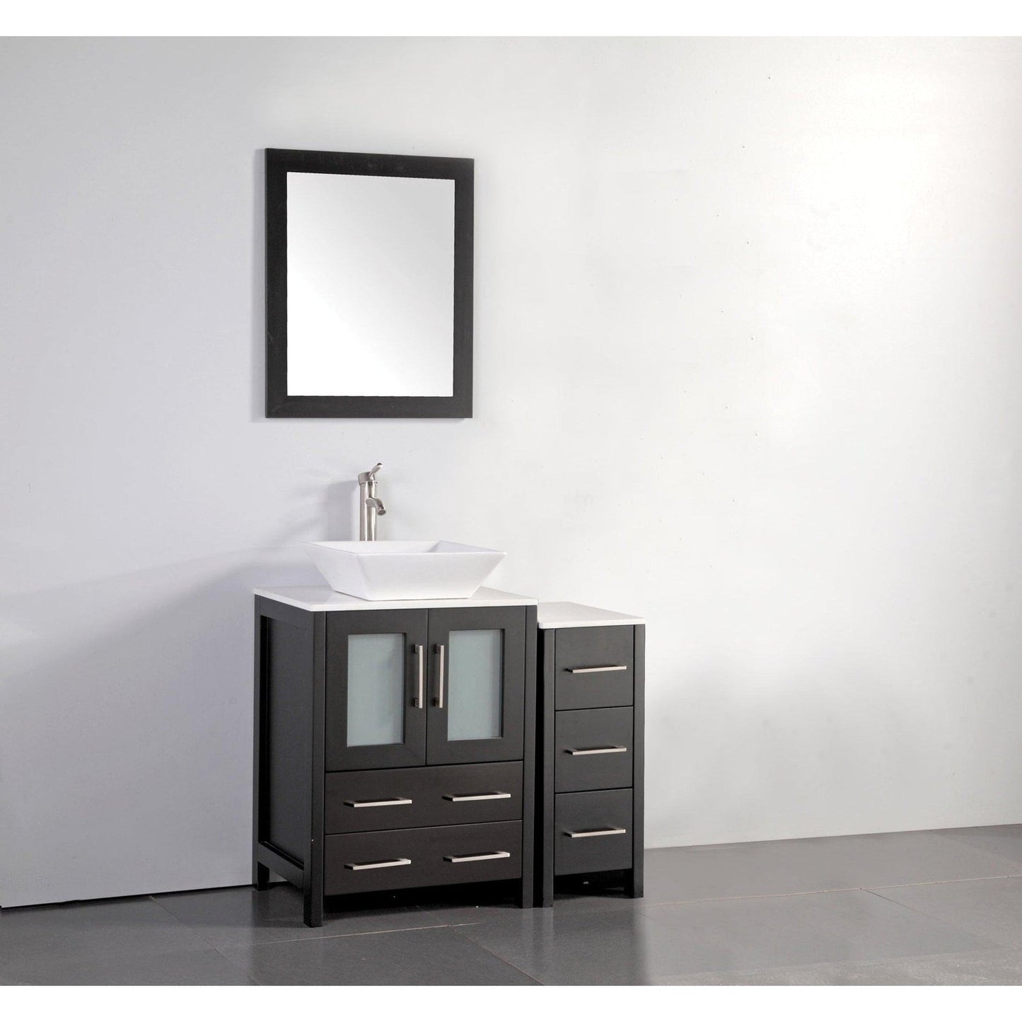 Vanity Art Ravenna 36" Single Espresso Freestanding Vanity Set With White Engineered Marble Top, Ceramic Vessel Sink, 1 Side Cabinet and Mirror