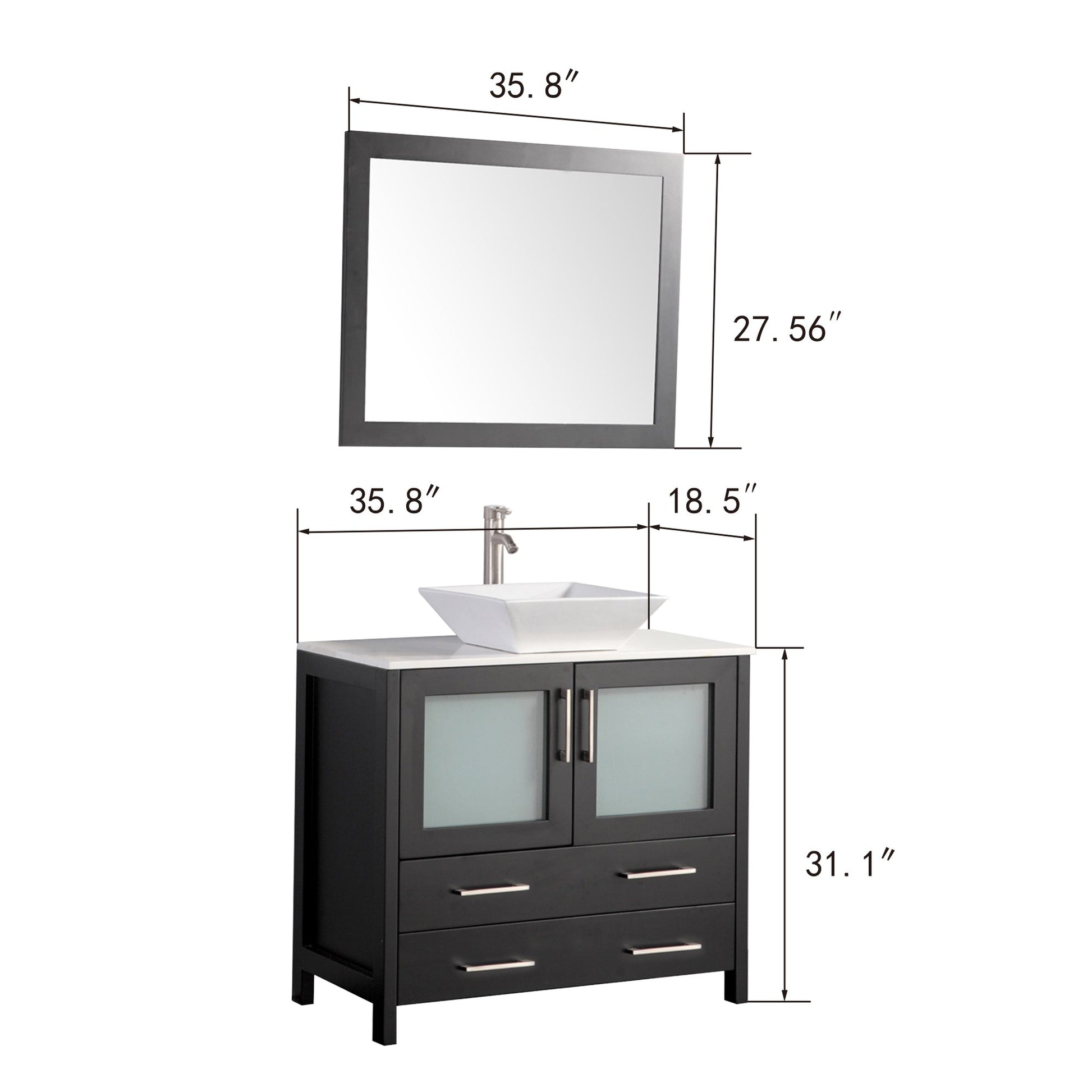 Vanity Art Ravenna 36" Single Espresso Freestanding Vanity Set With White Engineered Marble Top, Ceramic Vessel Sink and Mirror