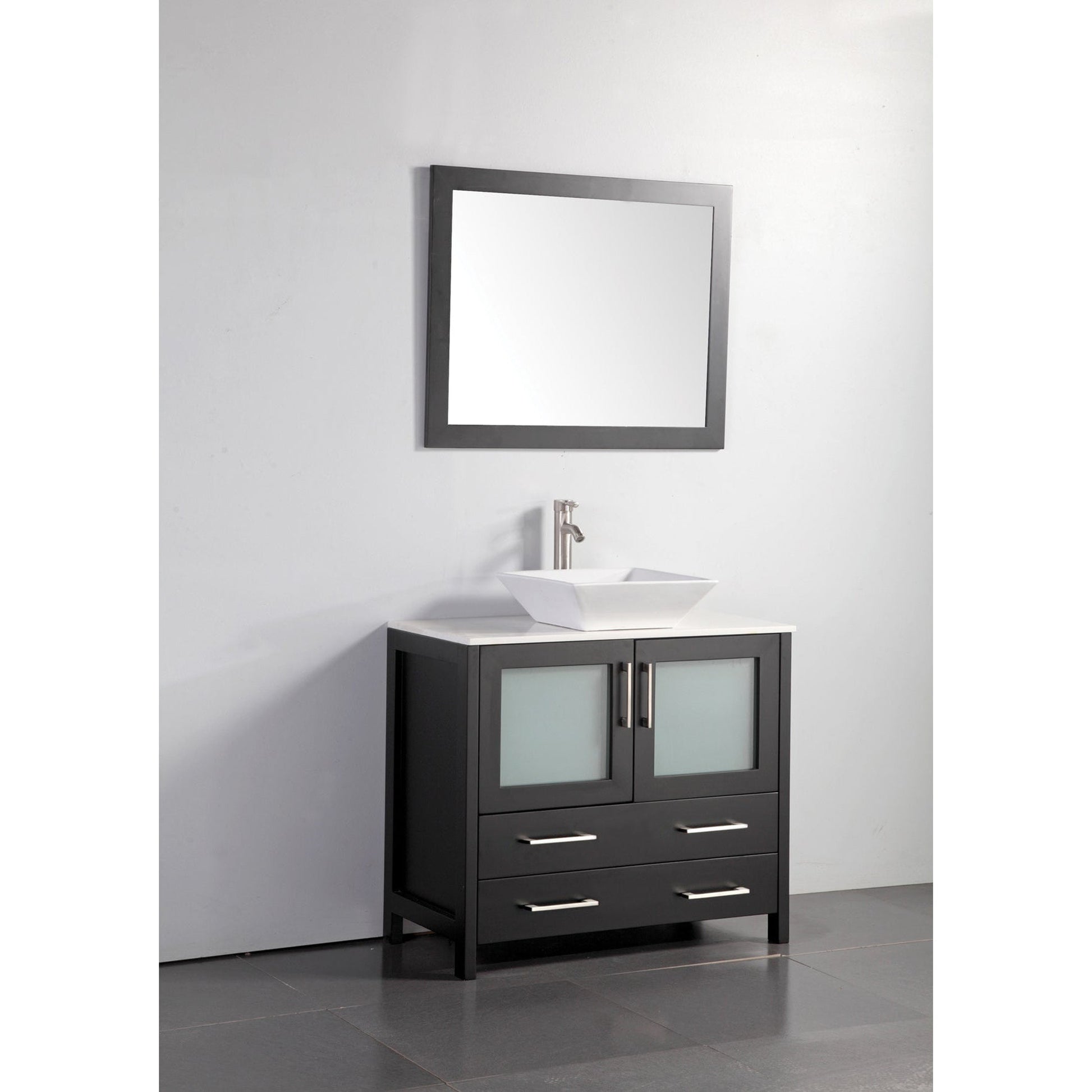 Vanity Art Ravenna 36" Single Espresso Freestanding Vanity Set With White Engineered Marble Top, Ceramic Vessel Sink and Mirror