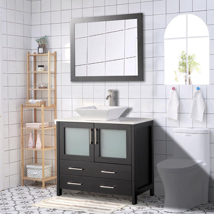 Vanity Art Ravenna 36" Single Espresso Freestanding Vanity Set With White Engineered Marble Top, Ceramic Vessel Sink and Mirror