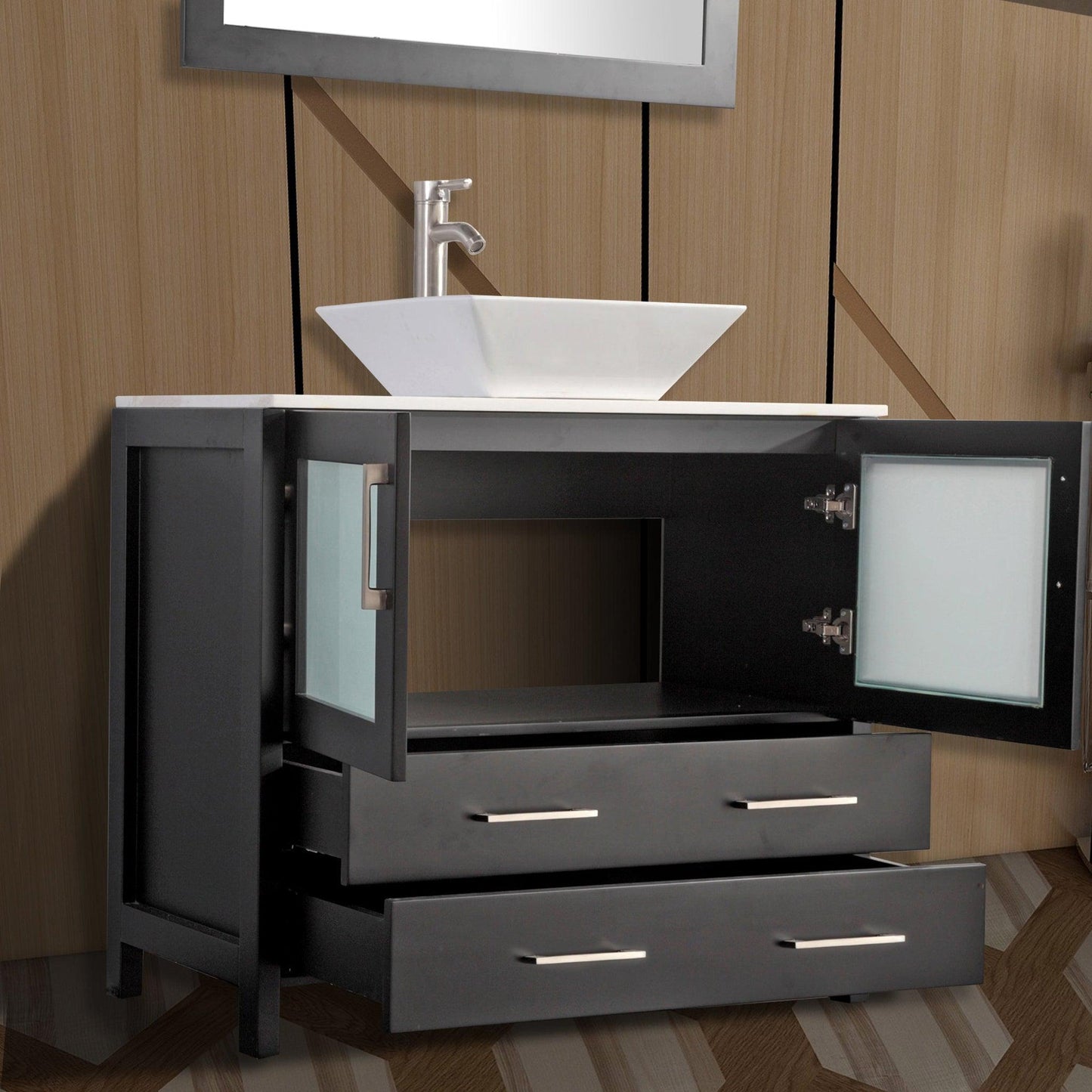 Vanity Art Ravenna 36" Single Espresso Freestanding Vanity Set With White Engineered Marble Top, Ceramic Vessel Sink and Mirror