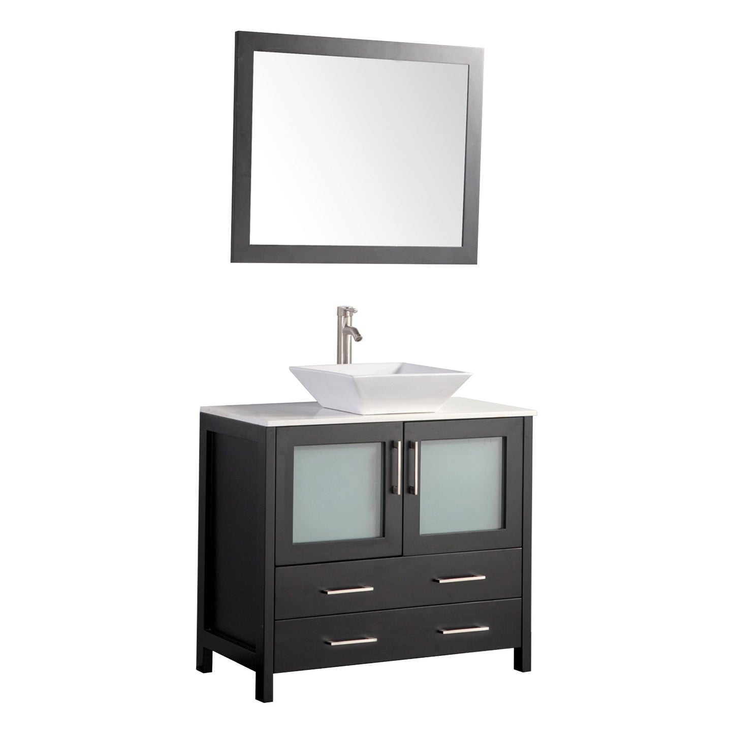 Vanity Art Ravenna 36" Single Espresso Freestanding Vanity Set With White Engineered Marble Top, Ceramic Vessel Sink and Mirror