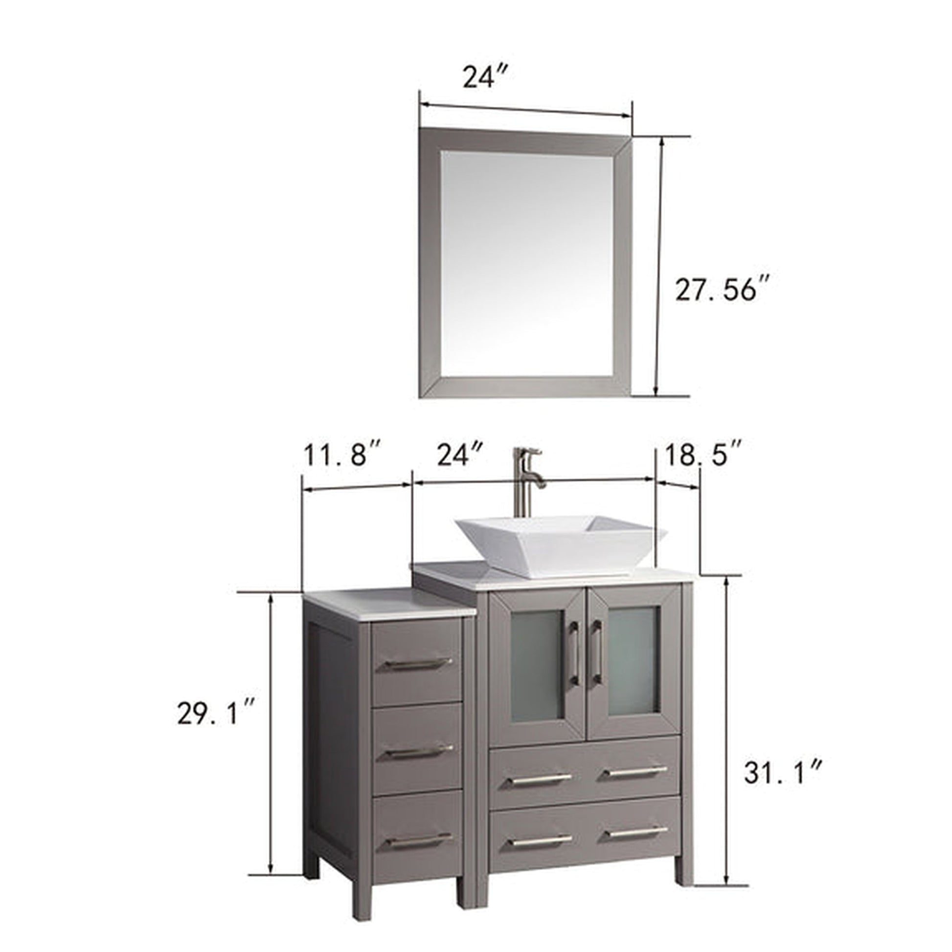 Vanity Art Ravenna 36" Single Gray Freestanding Vanity Set With White Engineered Marble Top, Ceramic Vessel Sink, 1 Side Cabinet and Mirror