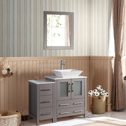 Vanity Art Ravenna 36" Single Gray Freestanding Vanity Set With White Engineered Marble Top, Ceramic Vessel Sink, 1 Side Cabinet and Mirror