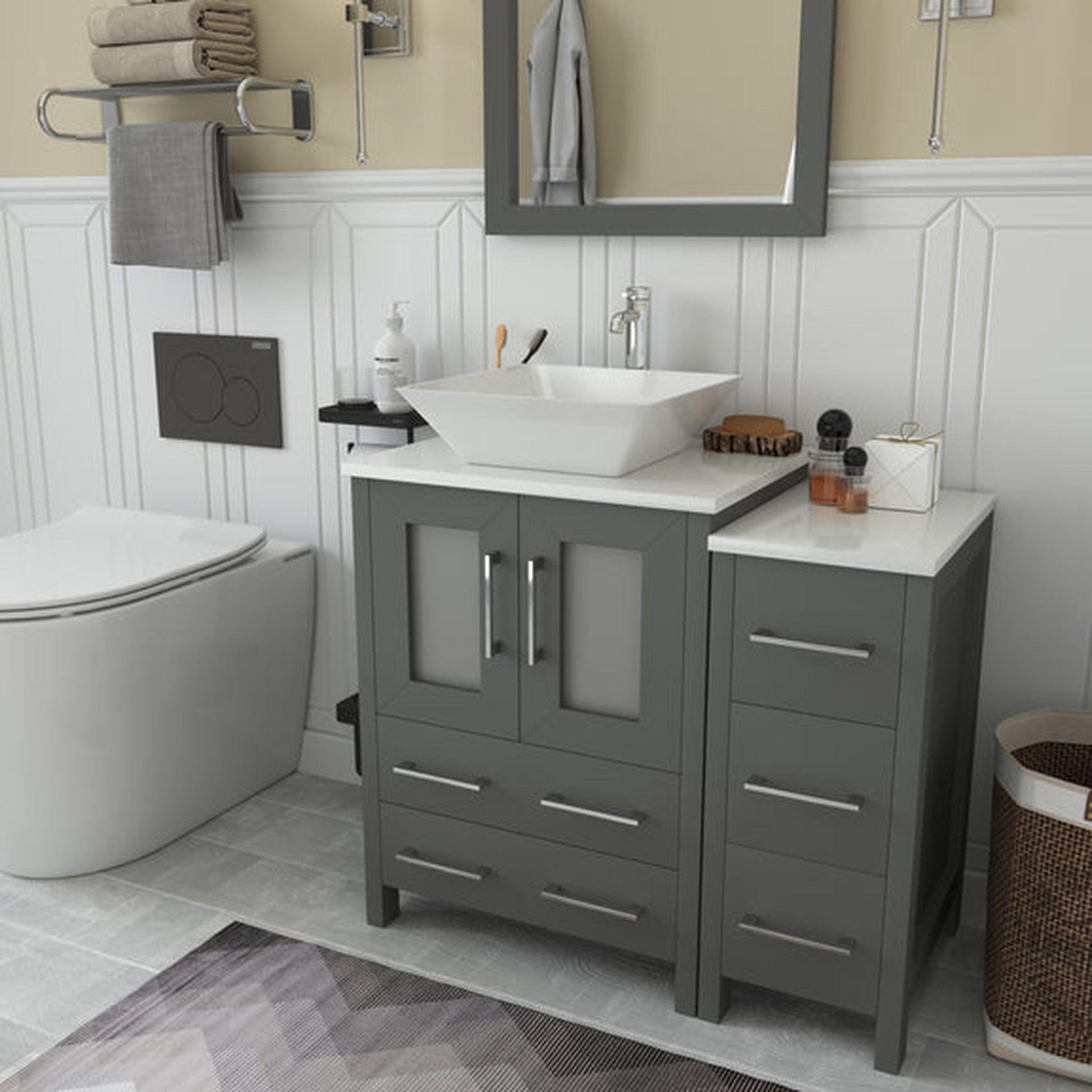 Vanity Art Ravenna 36" Single Gray Freestanding Vanity Set With White Engineered Marble Top, Ceramic Vessel Sink, 1 Side Cabinet and Mirror