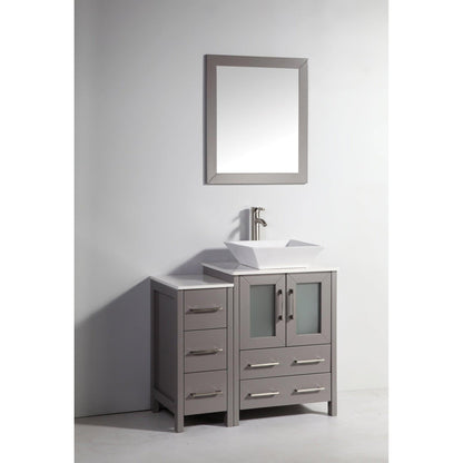 Vanity Art Ravenna 36" Single Gray Freestanding Vanity Set With White Engineered Marble Top, Ceramic Vessel Sink, 1 Side Cabinet and Mirror