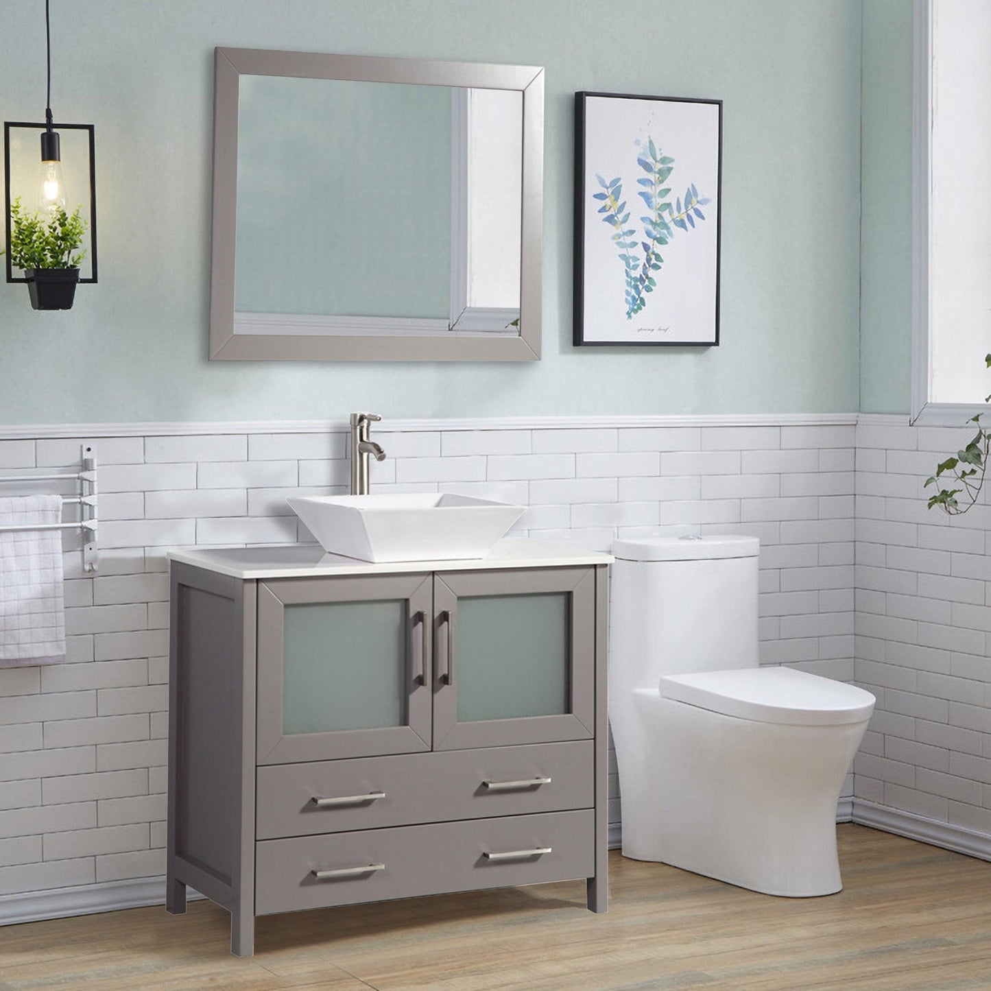 Vanity Art Ravenna 36" Single Gray Freestanding Vanity Set With White Engineered Marble Top, Ceramic Vessel Sink and Mirror