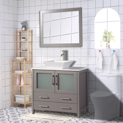Vanity Art Ravenna 36" Single Gray Freestanding Vanity Set With White Engineered Marble Top, Ceramic Vessel Sink and Mirror