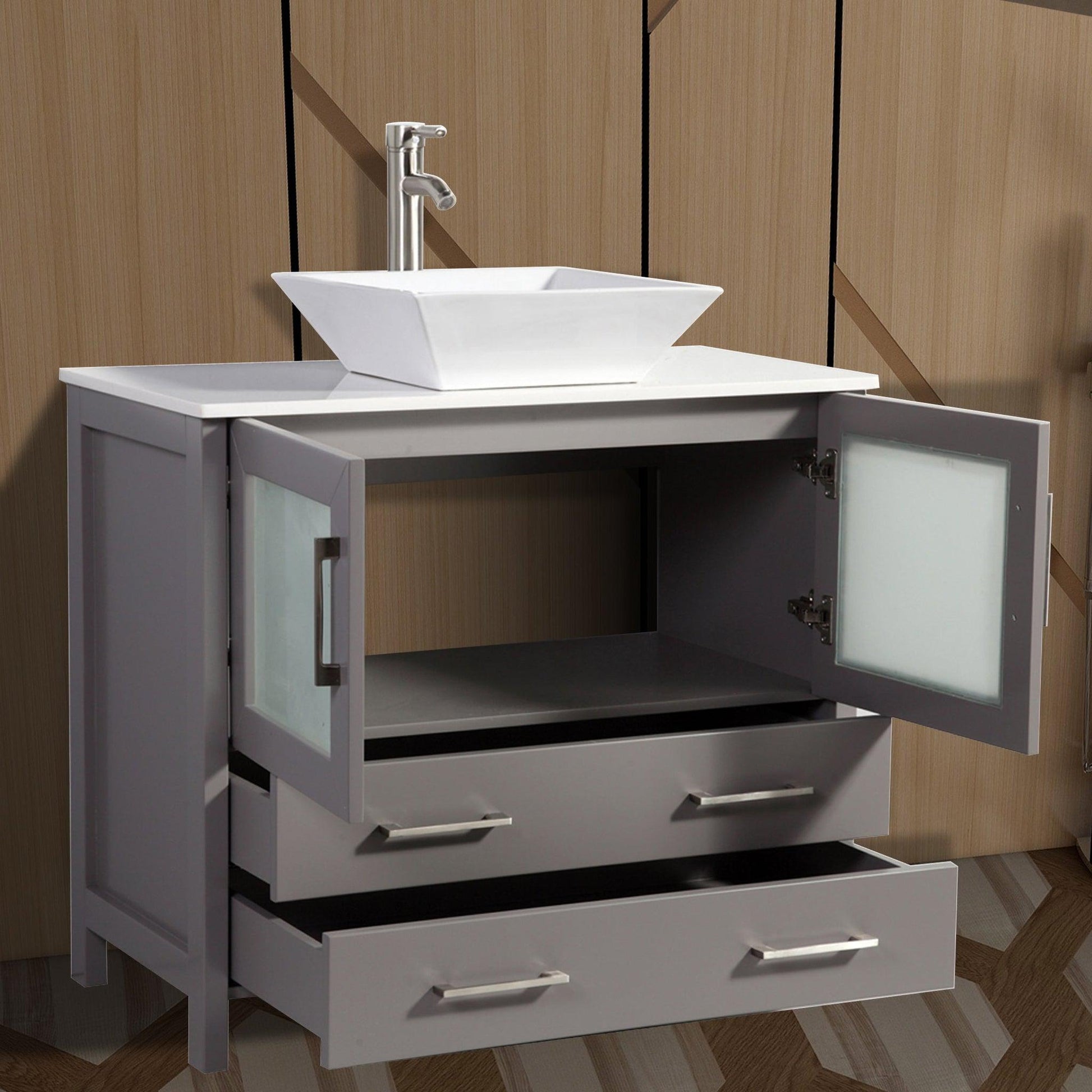 Vanity Art Ravenna 36" Single Gray Freestanding Vanity Set With White Engineered Marble Top, Ceramic Vessel Sink and Mirror