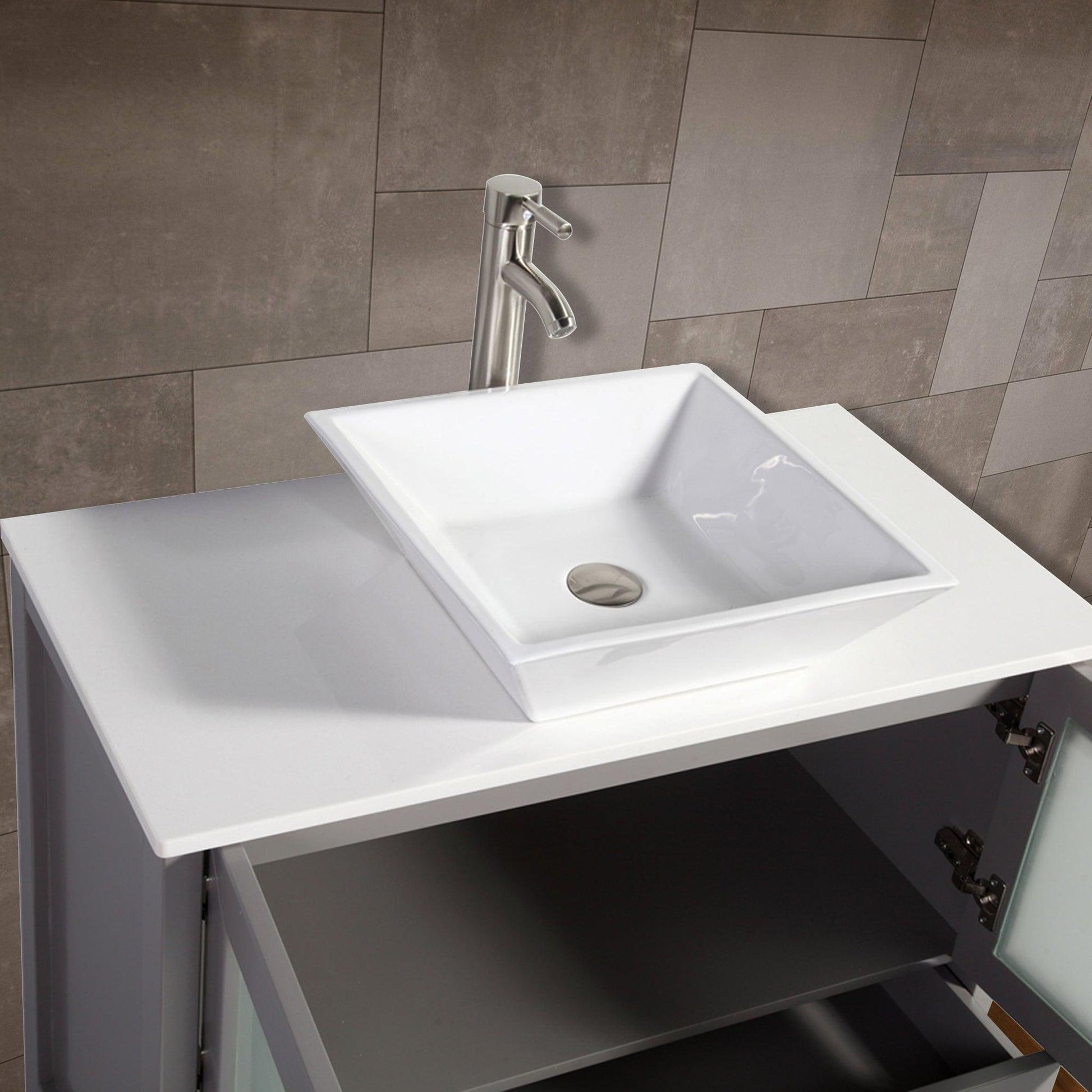 Vanity Art Ravenna 36" Single Gray Freestanding Vanity Set With White Engineered Marble Top, Ceramic Vessel Sink and Mirror