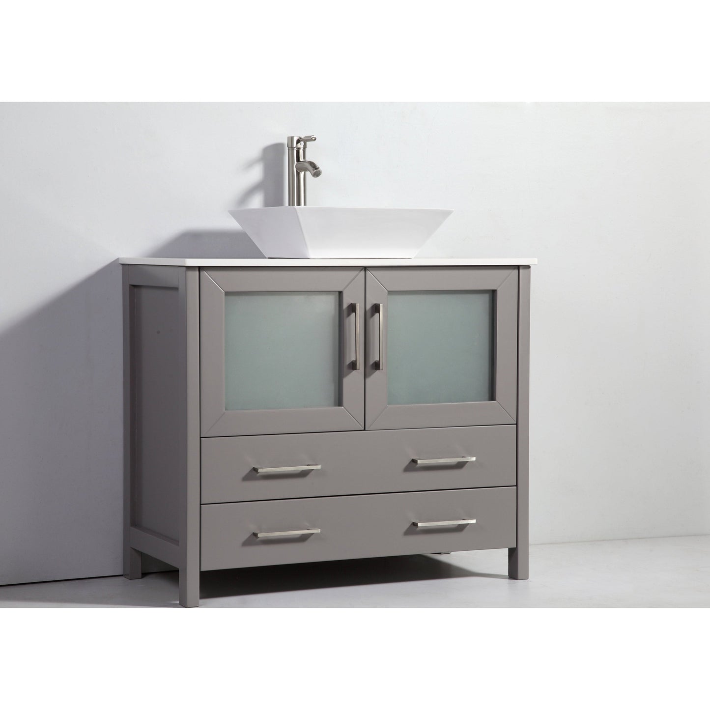 Vanity Art Ravenna 36" Single Gray Freestanding Vanity Set With White Engineered Marble Top, Ceramic Vessel Sink and Mirror