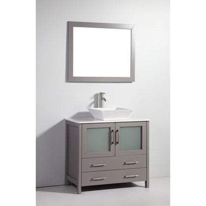 Vanity Art Ravenna 36" Single Gray Freestanding Vanity Set With White Engineered Marble Top, Ceramic Vessel Sink and Mirror