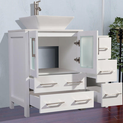 Vanity Art Ravenna 36" Single White Freestanding Vanity Set With White Engineered Marble Top, Ceramic Vessel Sink, 1 Side Cabinet and Mirror