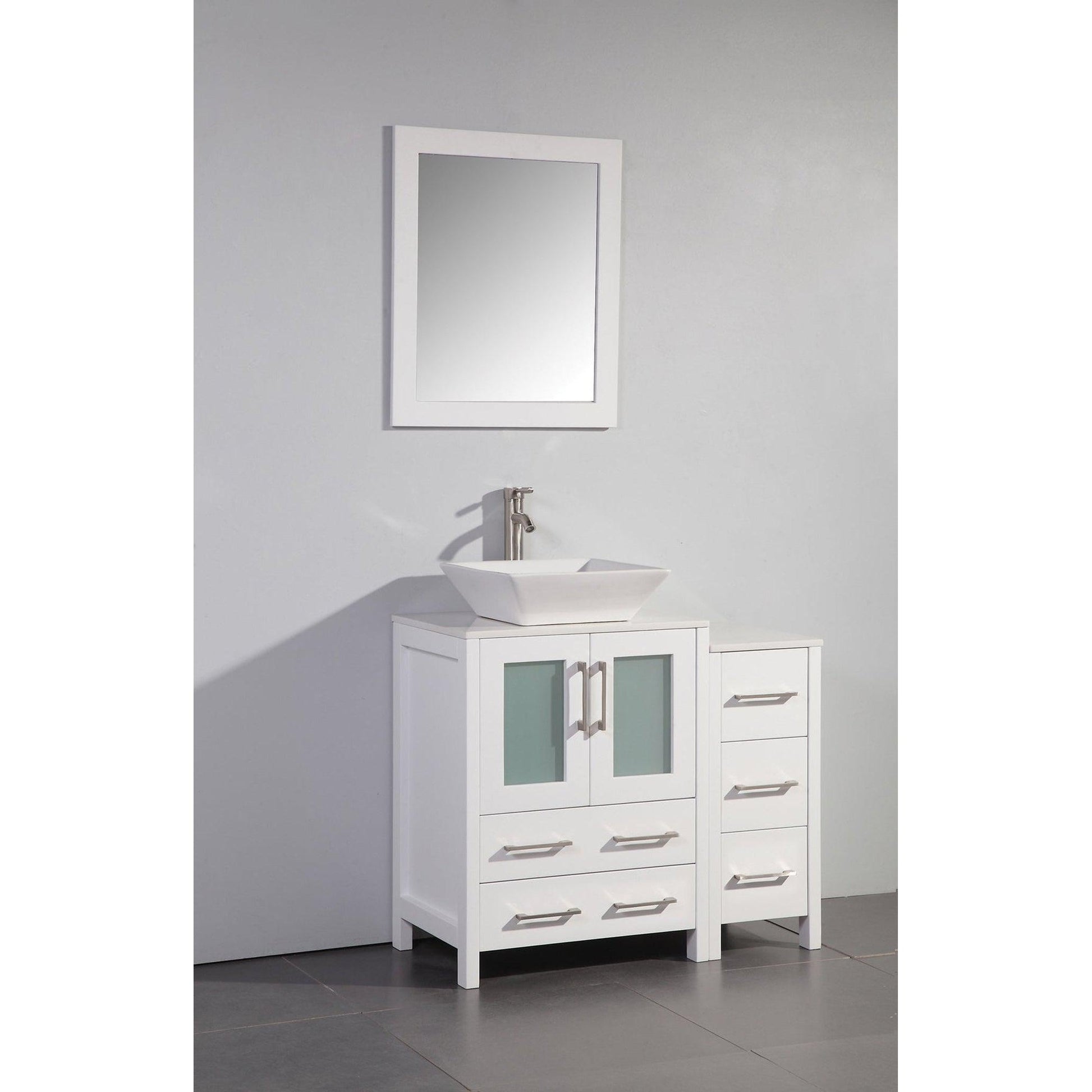 Vanity Art Ravenna 36" Single White Freestanding Vanity Set With White Engineered Marble Top, Ceramic Vessel Sink, 1 Side Cabinet and Mirror