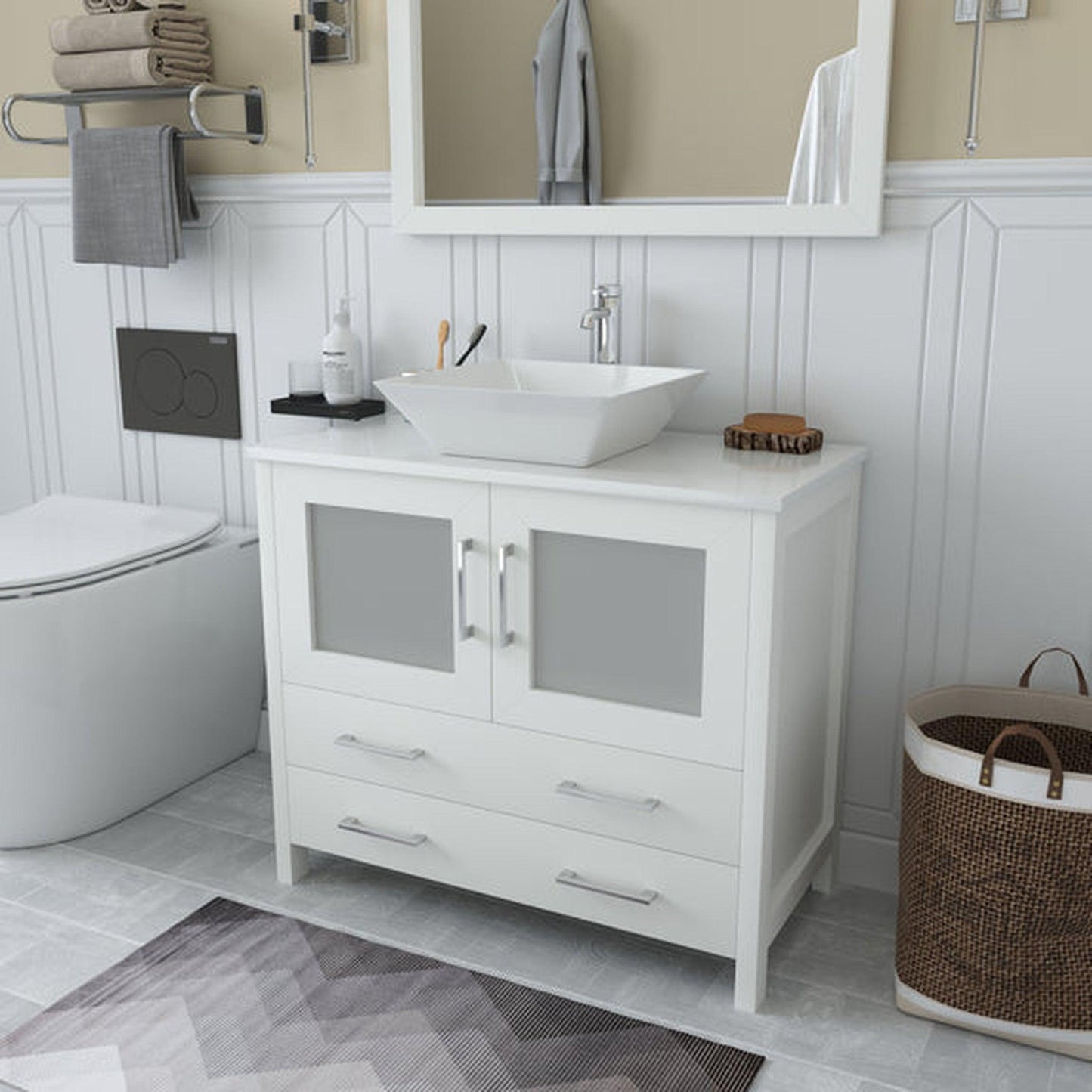 Vanity Art Ravenna 36" Single White Freestanding Vanity Set With White Engineered Marble Top, Ceramic Vessel Sink and Mirror